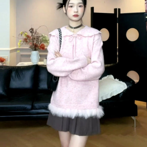 Load image into Gallery viewer, Y2k Aesthetic Women Sweet Fur Patchwork Sweaters Grunge Sailor Collar Bandage Jumpers Loose Knitted Harajuku Pullovers Female
