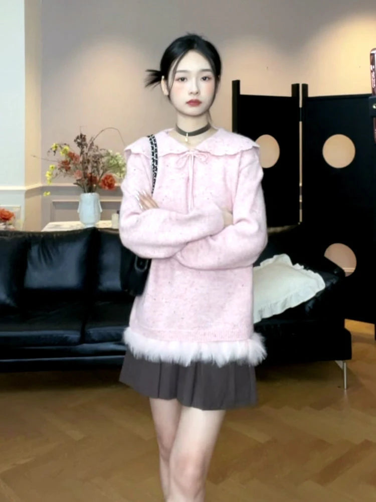 Y2k Aesthetic Women Sweet Fur Patchwork Sweaters Grunge Sailor Collar Bandage Jumpers Loose Knitted Harajuku Pullovers Female