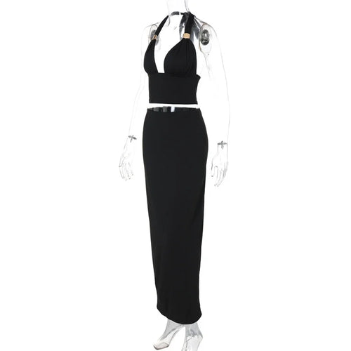 Load image into Gallery viewer, Elegant Summer 2 Piece Sets Women Metal Ring Crop Tops And Maxi Skirt Female Fashion Solid Lace-up Beach Two Piece Sets
