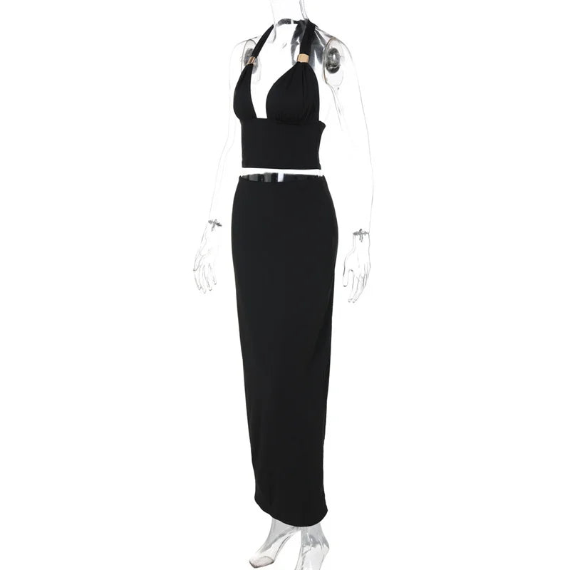 Elegant Summer 2 Piece Sets Women Metal Ring Crop Tops And Maxi Skirt Female Fashion Solid Lace-up Beach Two Piece Sets