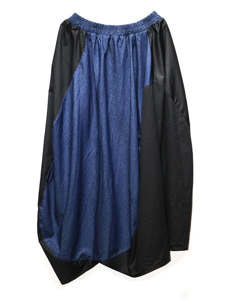 High Elastic Waist Black Blue Color-block Irregular A-line Half-body Skirt Women Fashion New Spring Autumn 2025 1DJ0209
