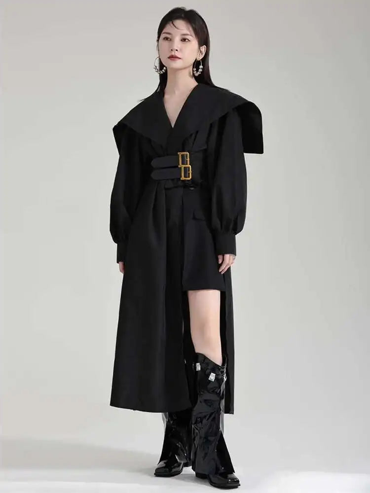 Women Black Irregular Shirt Dress New Lapel Lartern Long Sleeve Belt Waist Loose Fashion Tide Spring Autumn 2025 1DH2257