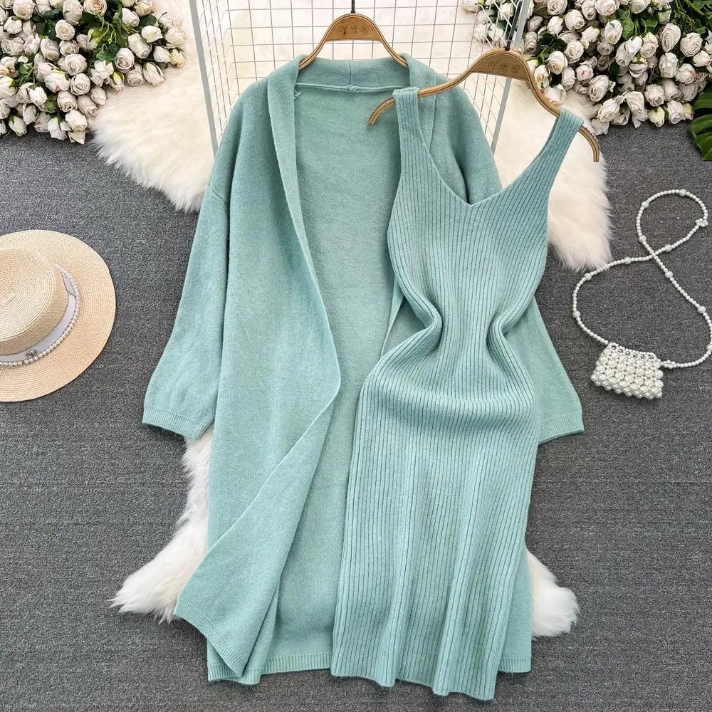 Autumn Thick Warm Solid Knitted Suit 2023 Stripe V Neck Vest Dress+ Loose Long Cardigans Sweater Home Wear Casual Two Pieces Set