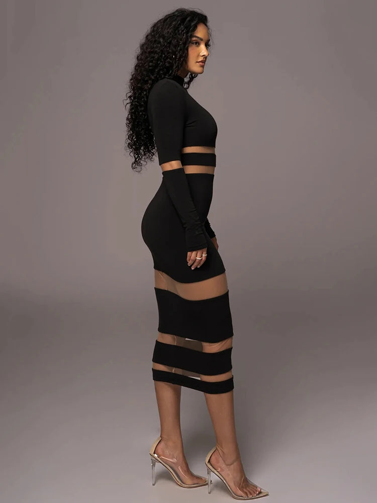 Mesh Patchwork Perspective Long Sleeve Dress For Women's Tight Fit Midi Female Dress Fashion Street Party Club Vestidos