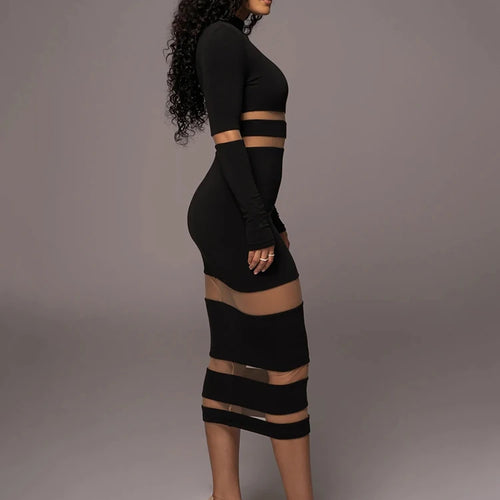 Load image into Gallery viewer, Mesh Patchwork Perspective Long Sleeve Dress For Women's Tight Fit Midi Female Dress Fashion Street Party Club Vestidos
