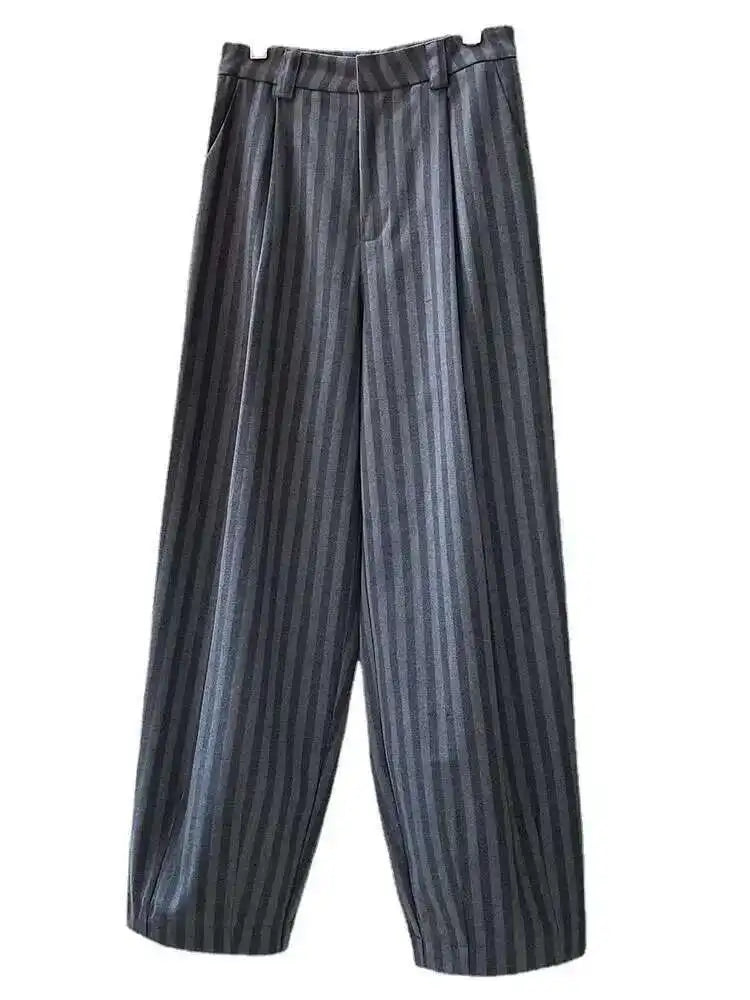 High Waist Gray Striped Pleated Long Casual Pants New Loose Fit Trousers Women Fashion Tide Spring Autumn 2025 1DF4435
