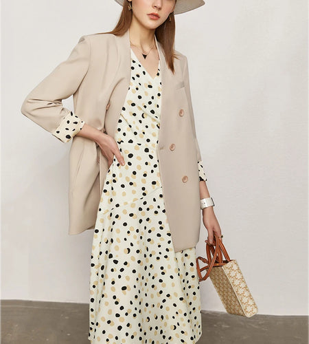 Minimalism Summer New Dress For Women Fashion Dot Printed Vneck Slim Fit Midi Aline Chiffon White Dress Vestidos 12140471