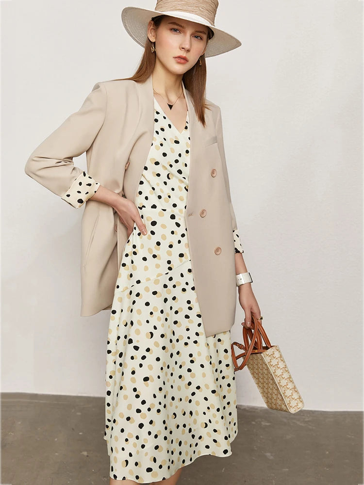 Minimalism Summer New Dress For Women Fashion Dot Printed Vneck Slim Fit Midi Aline Chiffon White Dress Vestidos 12140471