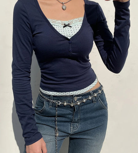 Y2K Vintage Korean Long Sleeve Tee Shirts Slim Lace Patched Basic Cute Female T shirt Bow Casual Crop Tops Contrast