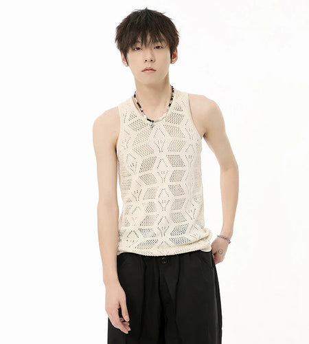 Fashion Men's Tank Tops Hollow Out Kintting T-shirt O-neck Sleeveless Casual Tee Solid Color Summer Korean Style 9C6577