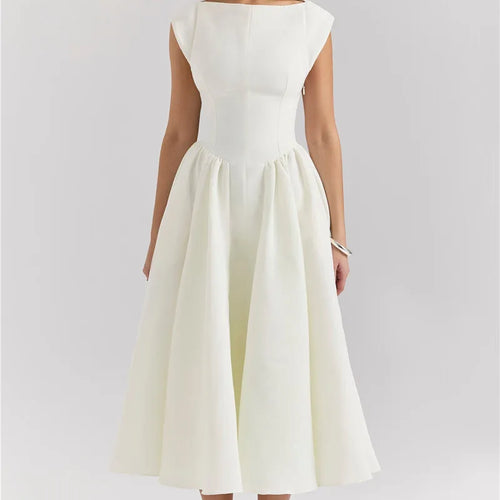 Load image into Gallery viewer, White Backless A-line Sexy Maxi Dress For Women Gown Solid Hollow Out Sleeveless High Waist Club Pleated Dress Elegant
