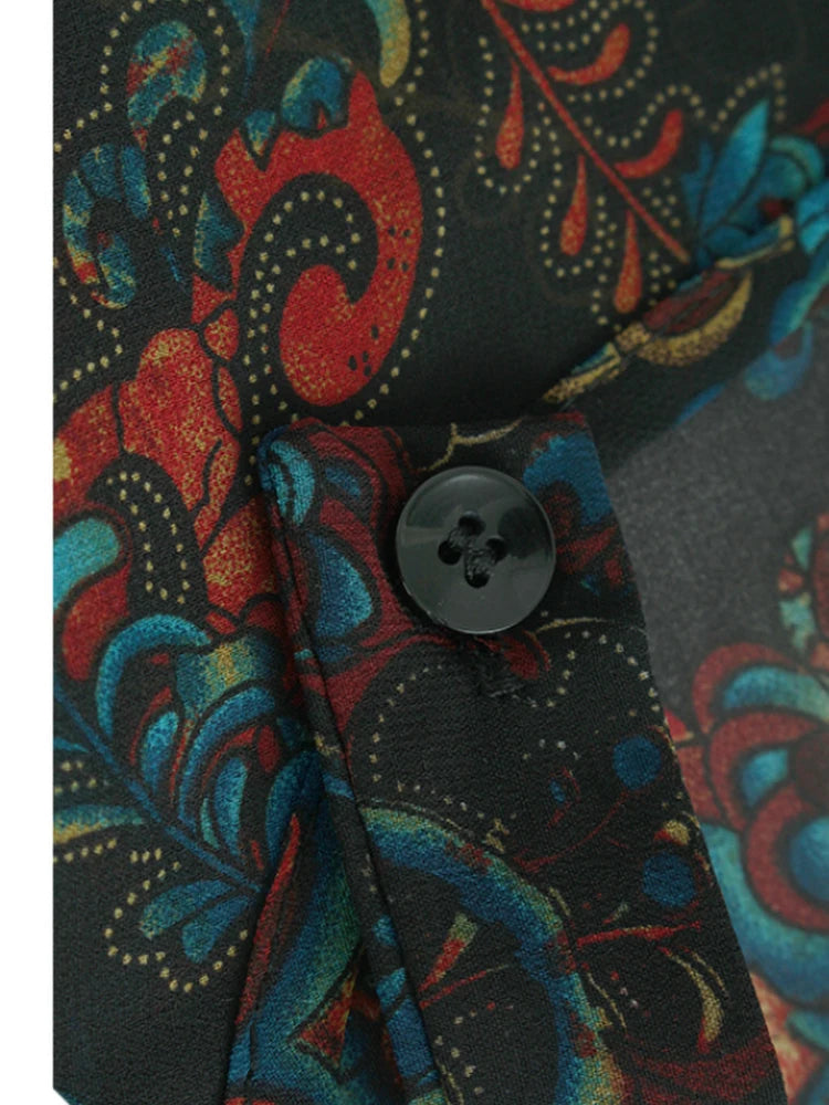 Women Black Pattern Printed Big Size Midi Dress New Round Neck Short Sleeve Fashion Tide Spring Summer 2025 1DJ0298