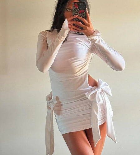 Elegant Solid Long Sleeve Backless Tie Bows Pleated Sexy Slim Mini Prom Dress Fall Winter Women Outfit Birthday Party