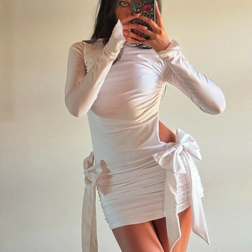 Load image into Gallery viewer, Elegant Solid Long Sleeve Backless Tie Bows Pleated Sexy Slim Mini Prom Dress Fall Winter Women Outfit Birthday Party
