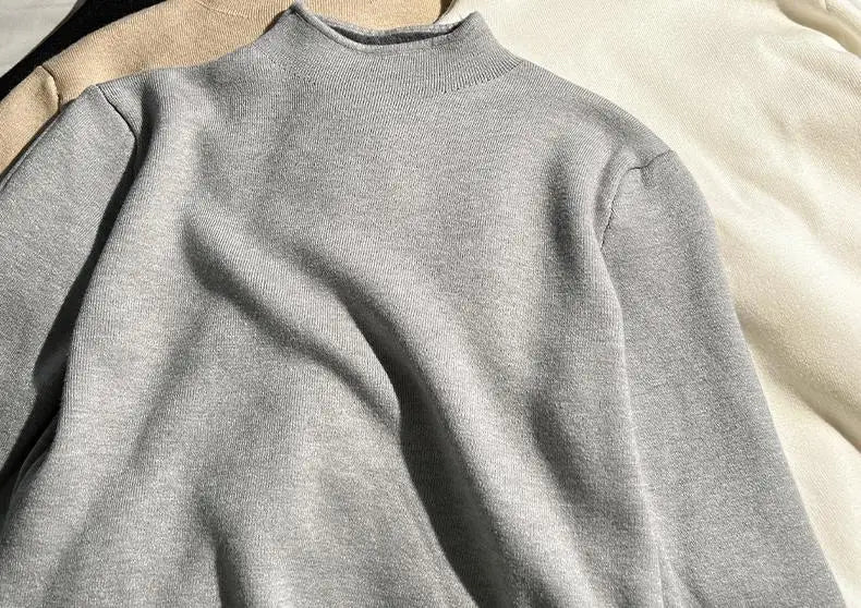 Solid Elegant Basic Knit Pullover Tops Women Half Turtlneck Velvet Sweater Long Sleeve Casual Slim Korean Fashion Autumn Winter