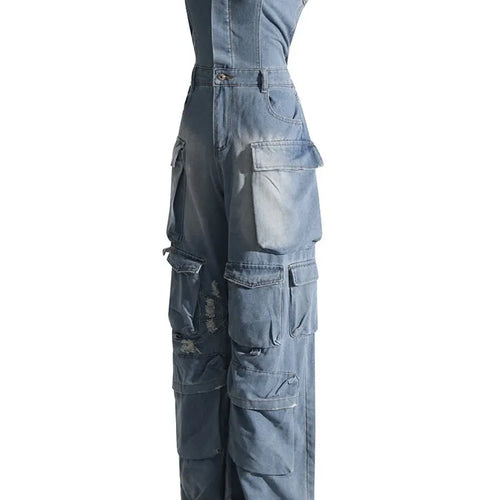 Load image into Gallery viewer, Streetwear Denim Jumpsuits For Women Slash Neck Sleeveless High Waist Spliced More Than A Pocket Loose Jumpsuit Female
