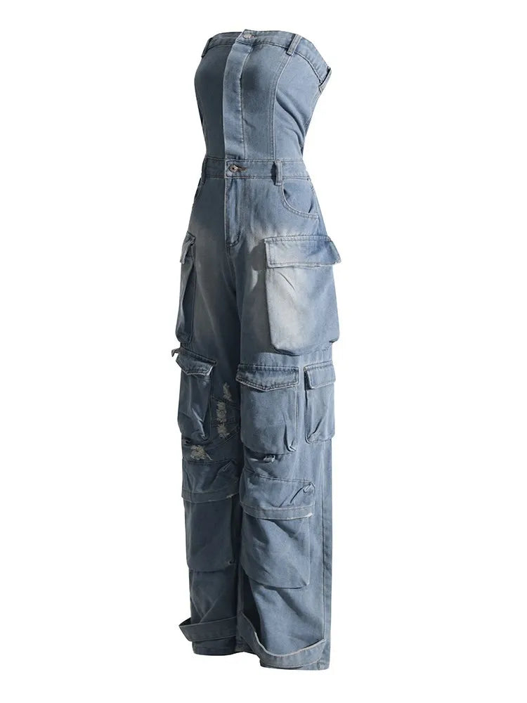 Streetwear Denim Jumpsuits For Women Slash Neck Sleeveless High Waist Spliced More Than A Pocket Loose Jumpsuit Female