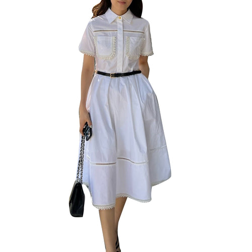 Load image into Gallery viewer, Elegant Spliced Lace Dresses For Women Lapel Short Sleeve High Waist Patchwork Belt Casual Dress Female Fashion
