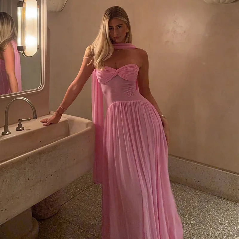 Scarf Collar Backless Sexy Maxi Dress For Women Gown Pink Strapless Off-shoulder Backless Mesh Long Dress Vestido