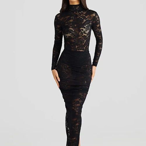 Load image into Gallery viewer, Sexy Lace Slim Perspective Two-piece Set Women High Neck Backless Jumpsuit Side Stitching Long Skirt Holiday Set 2025
