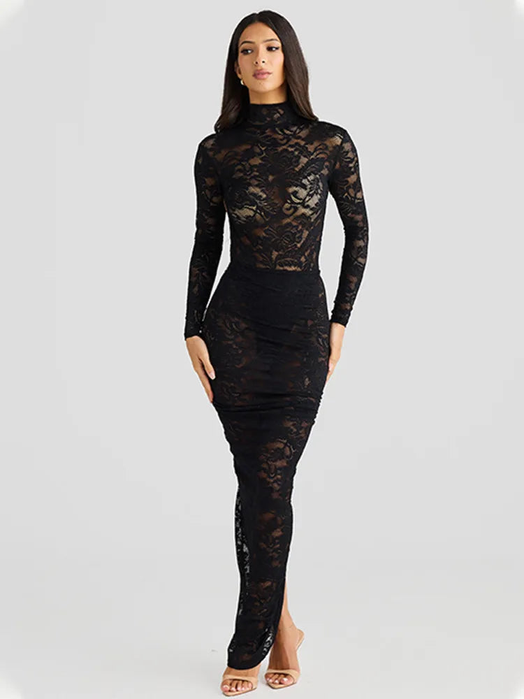 Sexy Lace Slim Perspective Two-piece Set Women High Neck Backless Jumpsuit Side Stitching Long Skirt Holiday Set 2025