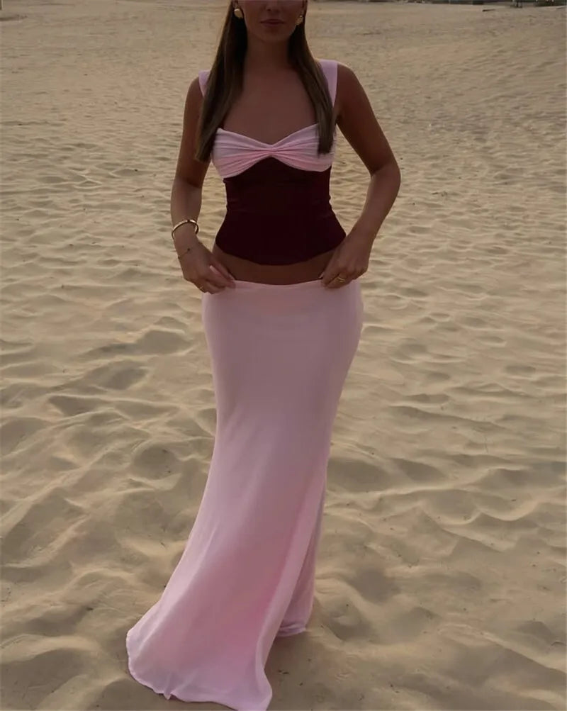 Sexy Skirt Two Piece Sets Women Halter Lace-up Cropped Tops And Maxi Skirt Ladies Fashion Sleeveless 2 Piece Sets