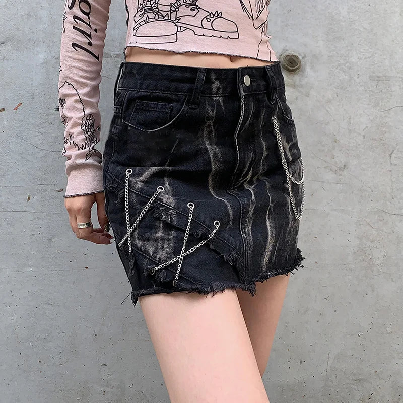 Grunge Gothic Burr Tie Dye Summer Denim Skirt Female Punk Style Chain Mini Skirts Vintage Stitching Hottie Harajuku