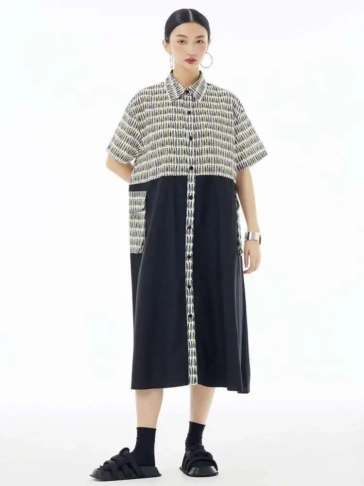 Women Black Printed Color-block Big Size Shirt Dress New Laple Short Sleeve Fashion Tide Spring Summer 2025 1DH6081
