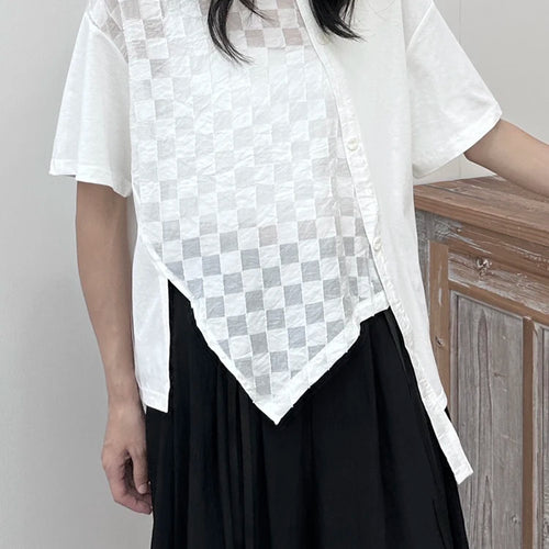 Load image into Gallery viewer, Women White  Plaid Irregular Hem Big Size T-shirt New Round Neck Short Sleeve Fashion Tide Spring Summer 2025 1DJ1674
