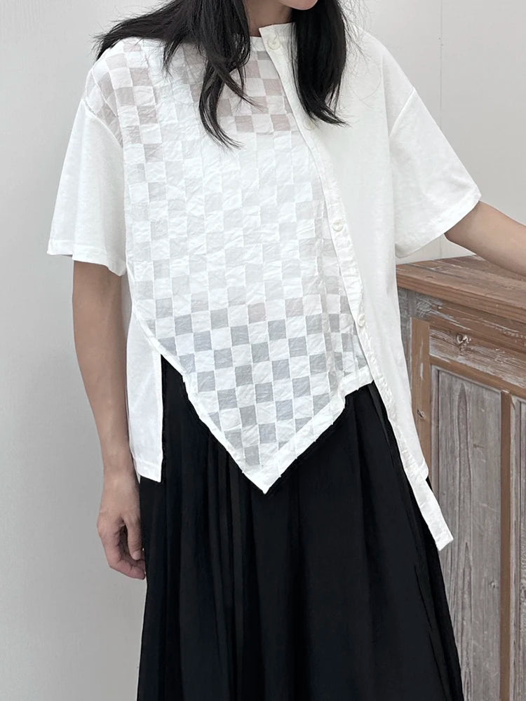 Women White  Plaid Irregular Hem Big Size T-shirt New Round Neck Short Sleeve Fashion Tide Spring Summer 2025 1DJ1674