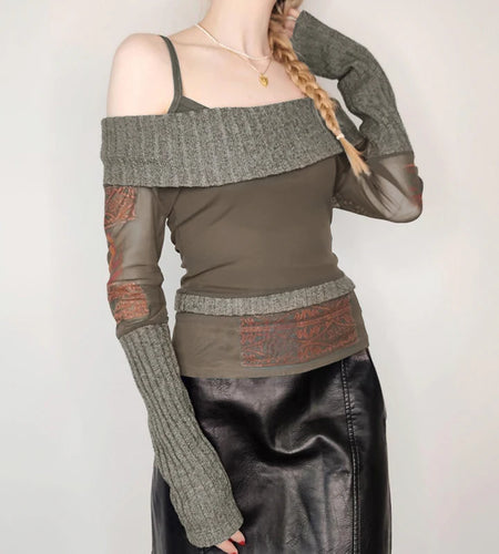 Vintage Mesh Patchwork Autumn T shirt Female Transparent Fairycore Off Shoulder Pullover Print Contrast Top Aesthetic