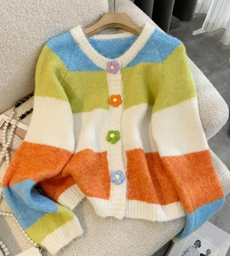 Autumn Winter Sweet Vintage Rainbow Striped V-neck Cardigan Long Sleeve Sweater Woman Elegant Festival Single Breasted Knit Tops