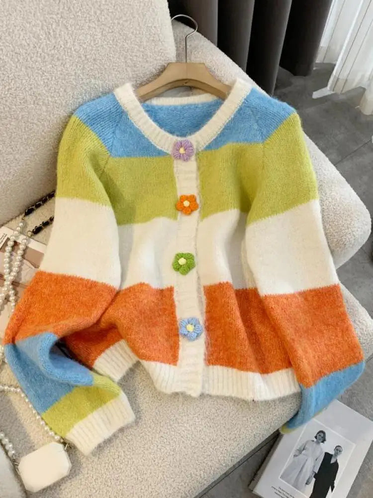 Autumn Winter Sweet Vintage Rainbow Striped V-neck Cardigan Long Sleeve Sweater Woman Elegant Festival Single Breasted Knit Tops