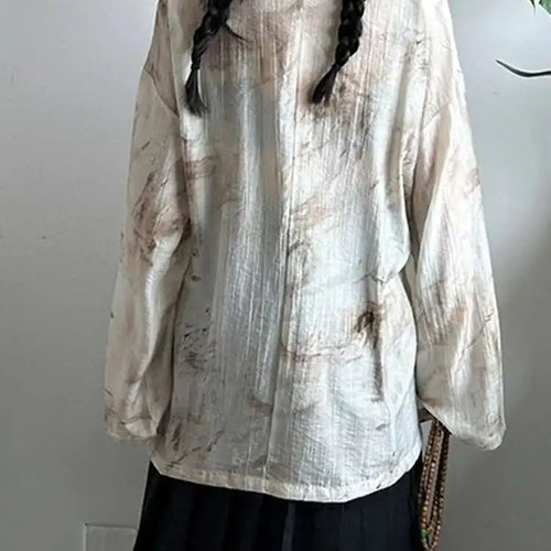 Load image into Gallery viewer, Women Apricot Printed Bandage Big Size Vintage Blouse New V-neck Long Sleeve Shirt Fashion Tide Spring Autumn 2025 1DJ0468
