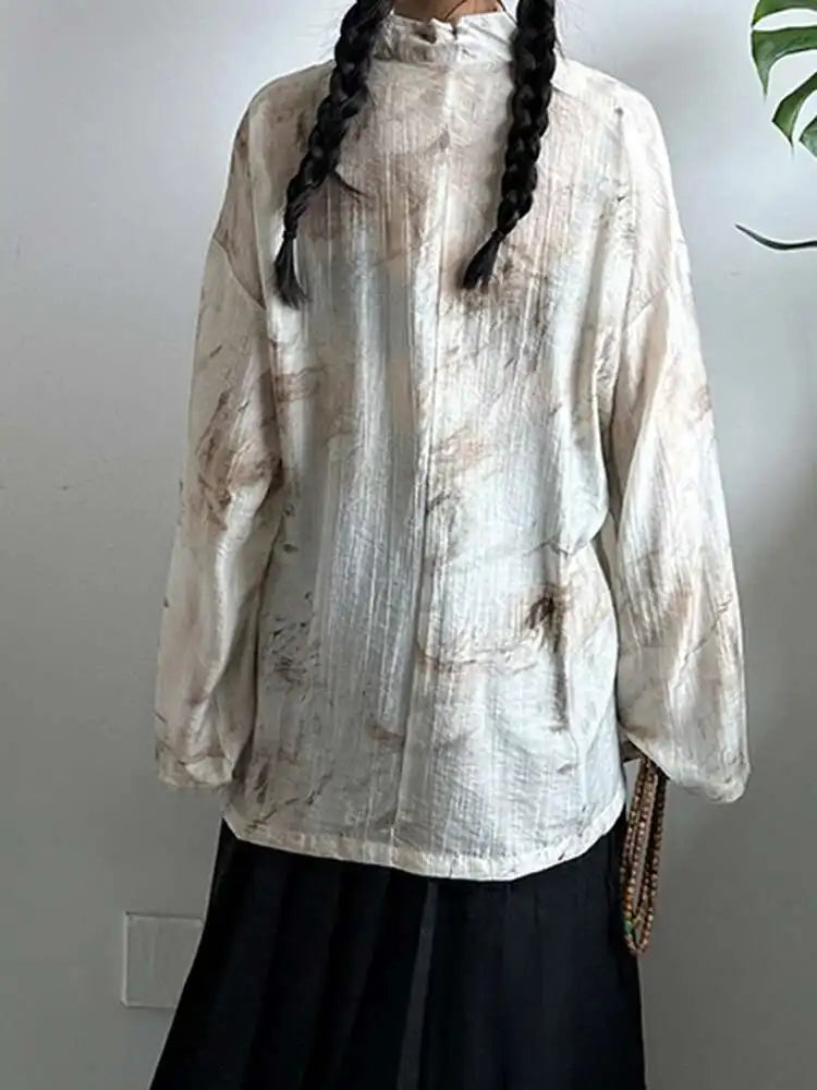 Women Apricot Printed Bandage Big Size Vintage Blouse New V-neck Long Sleeve Shirt Fashion Tide Spring Autumn 2025 1DJ0468