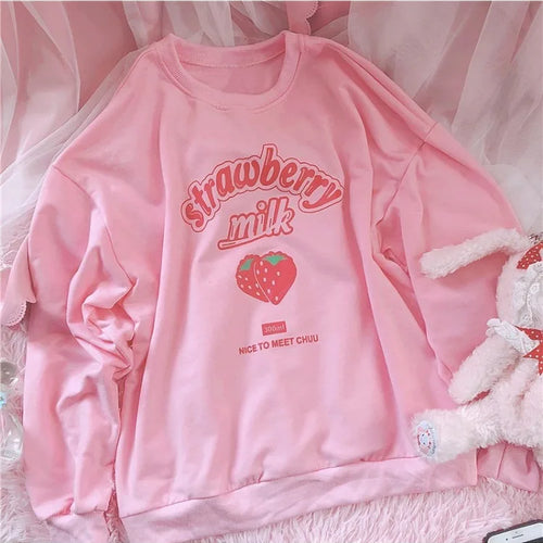 Load image into Gallery viewer, 3XL Harajuku Kawaii Strawberry Pink Sweatshirts Fleece Sweatshirt Women Kpop Chic Cute Girls Top Y2k  Clothes
