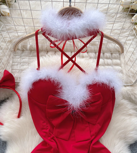 Summer New Women's Sexy Club Temptation New Year Christmas Uniform Bow Decoration Backless Red Flirt Halter Bandage Mini Dresses