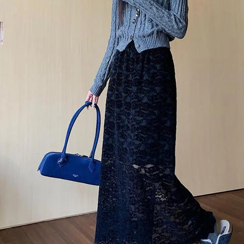 Load image into Gallery viewer, Autumn Winter Vintage White Lace Pleated A-line Split Skirt New Women Black Elegant High Waist Vacation Party Half Long Skirts
