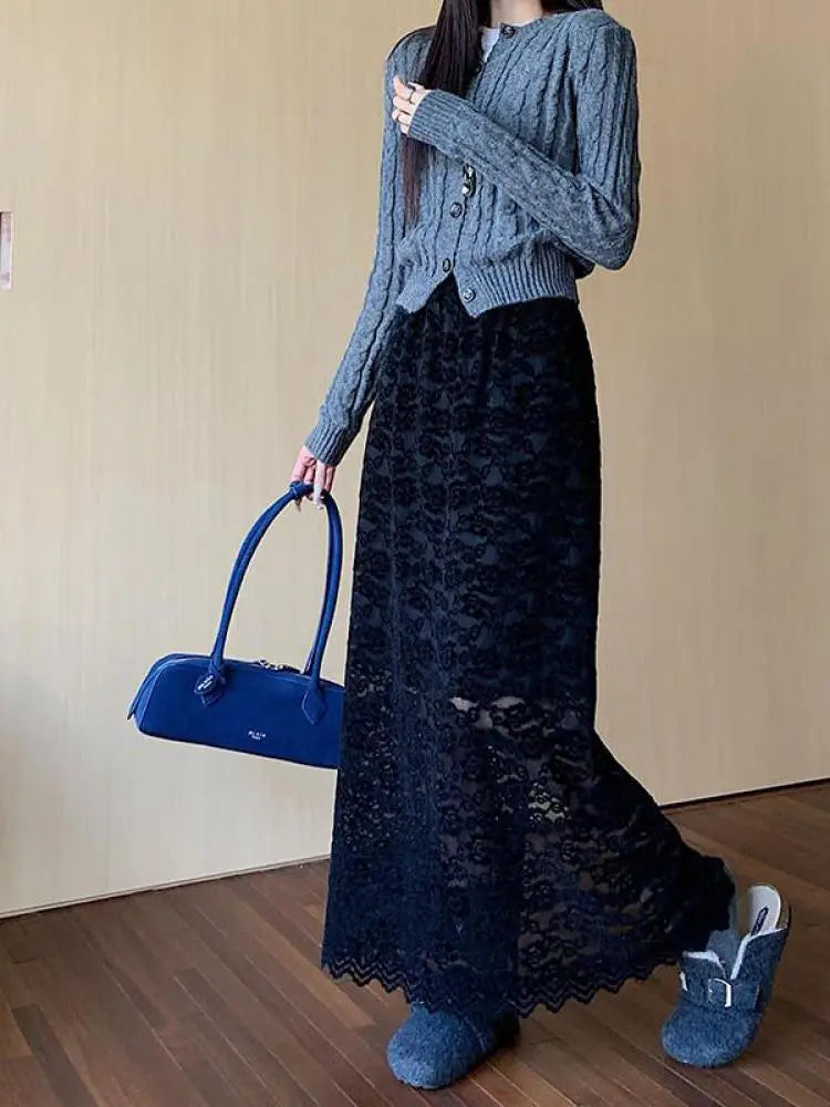 Autumn Winter Vintage White Lace Pleated A-line Split Skirt New Women Black Elegant High Waist Vacation Party Half Long Skirts