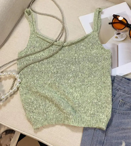 New Women's Green Sleeveless Backless Slip Tops Gray Backless Sleeveless Crochet Knitted Short Tank Top Summer Clothing Fashion