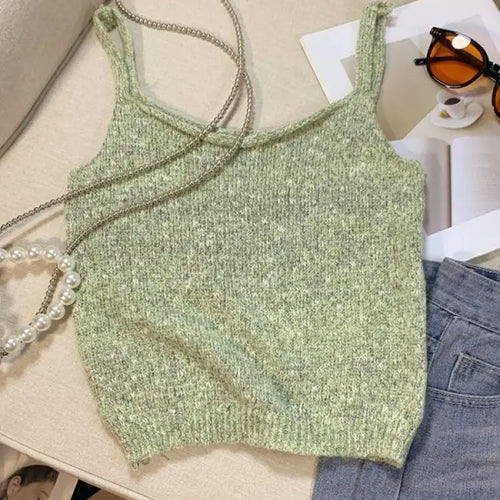 Load image into Gallery viewer, New Women&#39;s Green Sleeveless Backless Slip Tops Gray Backless Sleeveless Crochet Knitted Short Tank Top Summer Clothing Fashion
