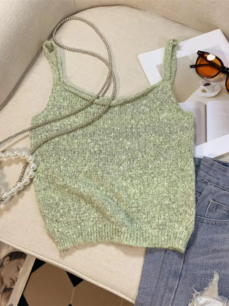 New Women's Green Sleeveless Backless Slip Tops Gray Backless Sleeveless Crochet Knitted Short Tank Top Summer Clothing Fashion