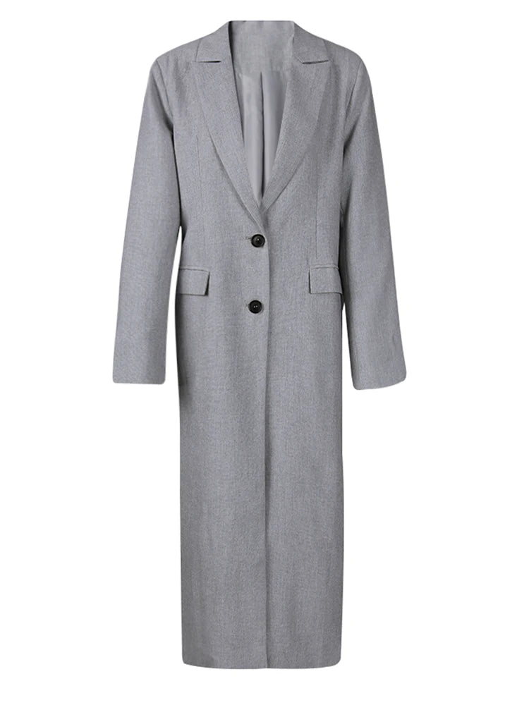 Women Gray Single Breasted Big Size Long Blazer New Lapel Long Sleeve Jacket Fashion Tide Spring Autumn 2025 1LD2132