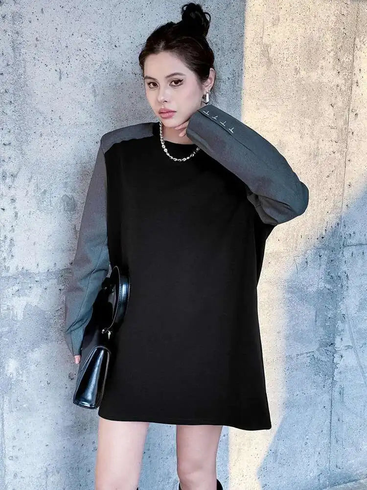 Women Black Color-block Blazer Fabric Elegant Mini Dress New Round Neck Long Sleeve Fashion Spring Autumn 2025 1DH9822