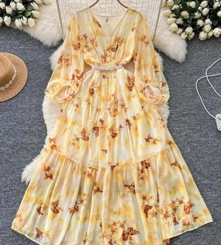 French Women Vintage Sweet Printed Birthday Evening Party Long Dresses Autumn New V Neck  Lantern Sleeves Pleated Dress Bohemian