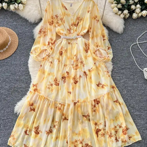 Load image into Gallery viewer, French Women Vintage Sweet Printed Birthday Evening Party Long Dresses Autumn New V Neck  Lantern Sleeves Pleated Dress Bohemian
