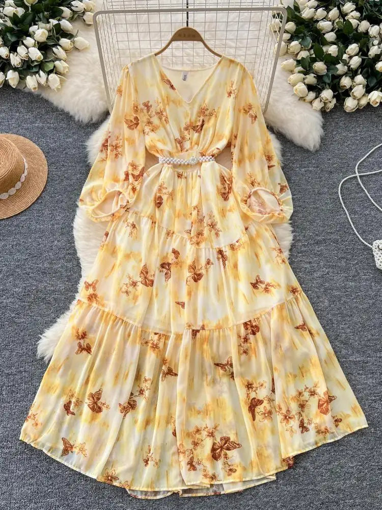 French Women Vintage Sweet Printed Birthday Evening Party Long Dresses Autumn New V Neck  Lantern Sleeves Pleated Dress Bohemian