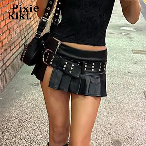 Load image into Gallery viewer, Cyberpunk Buckle Studded Belted PU Leather Skirt Black Low Rise Slit Pleated Mini Skirt Y2k Trendy Clothes P67-EG23
