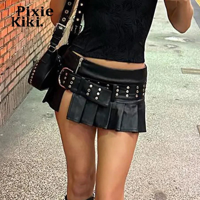 Cyberpunk Buckle Studded Belted PU Leather Skirt Black Low Rise Slit Pleated Mini Skirt Y2k Trendy Clothes P67-EG23