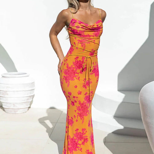 Load image into Gallery viewer, Elegant Floral Print Sleeveless Backless Lace Up Sexy Slim Slip Maxi Dress Summer Women Clothes Festival Rave Party
